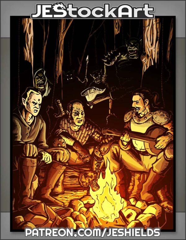 Adventuring Party At Camp While Orcs Sneak Up by Jeshields