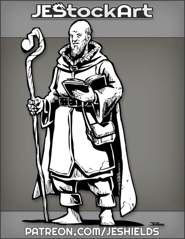 Bald Man In Cloak With Open Book And Curved Walking Cane by Jeshields