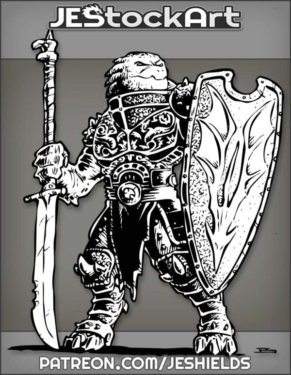 Draconian Paladin In Plate Armor With Large Shield And Halberd by Jeshields