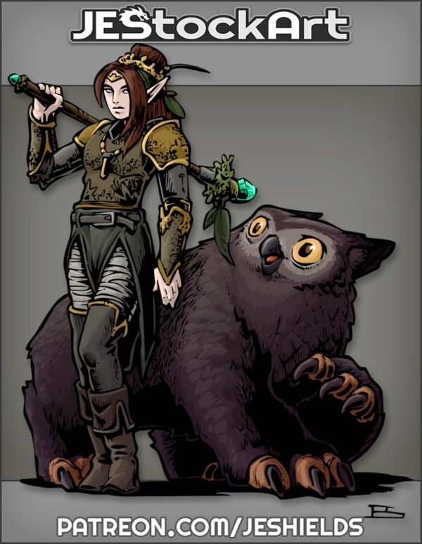 Female Elven Druid With Stave And Owlbear by Jeshields