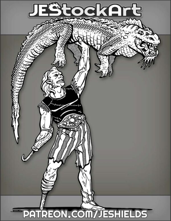 Half Orc Muscle Man With Prosthetics Lifts Alien Alligator by Jeshields