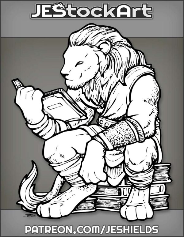 Seated Humanoid Lion Scholar Without Wings Reading Books by Jeshields