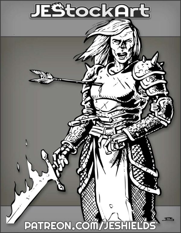 Undead Female Paladin With Arrow Thru Chest And Flaming Sword by Jeshields