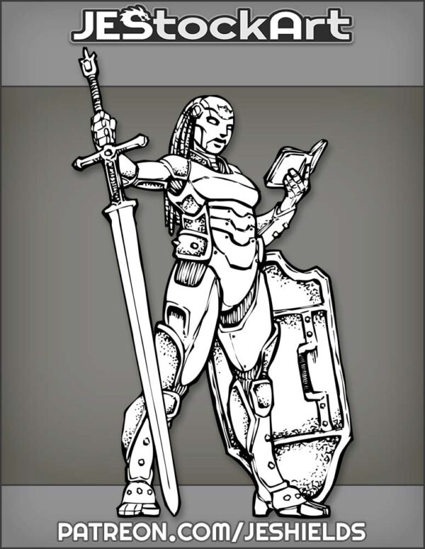 Warforged Female Paladin With Two Handed Sword Reading Book by Jeshields