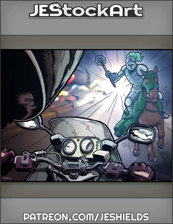 Motorcycle Rider Versus Charging Knight by Jeshields