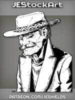 Mustached Cowboy With Weathered Jacket And Striped Hat by Jeshields