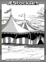 Striped Circus Tents With Flying Flags Under Cloudy Sky by Jeshields