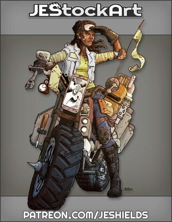 Female Mechanic On Motorcycle Looking In The Distance by Jeshields
