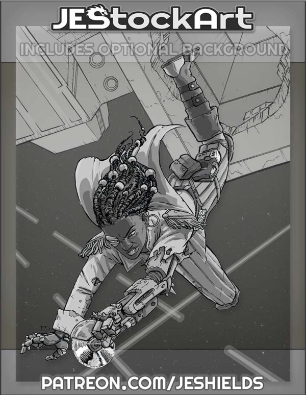 Cybernetic Space Pirate Leaps from Airlock by Jeshields