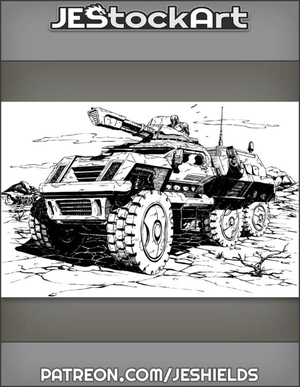 Six Wheeled Vehicle With Mounted Laser In Desert by Jeshields