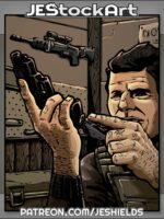 Man In Flak Jacket Loads Magazine Into Pistol In Weapons Locker by Jeshields
