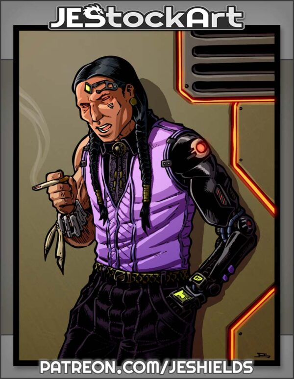 Native American Smoking Business Man With Cybernetic Arm And Braids by Jeshields