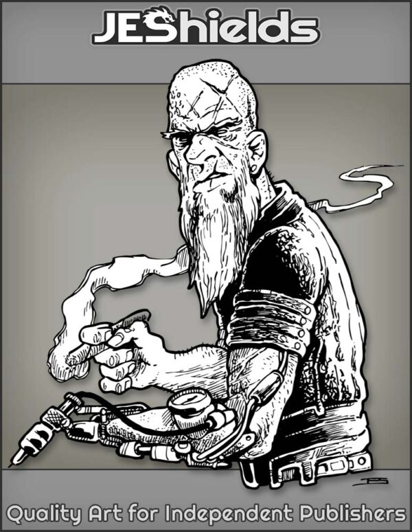 Bearded Cybernetic Man with Bionic Tattoo Gun by Jeshields